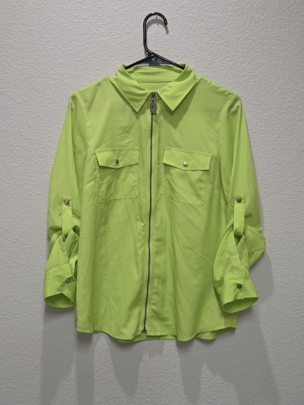 Michael Kors Neon Lime Zip-Front Utility Blouse